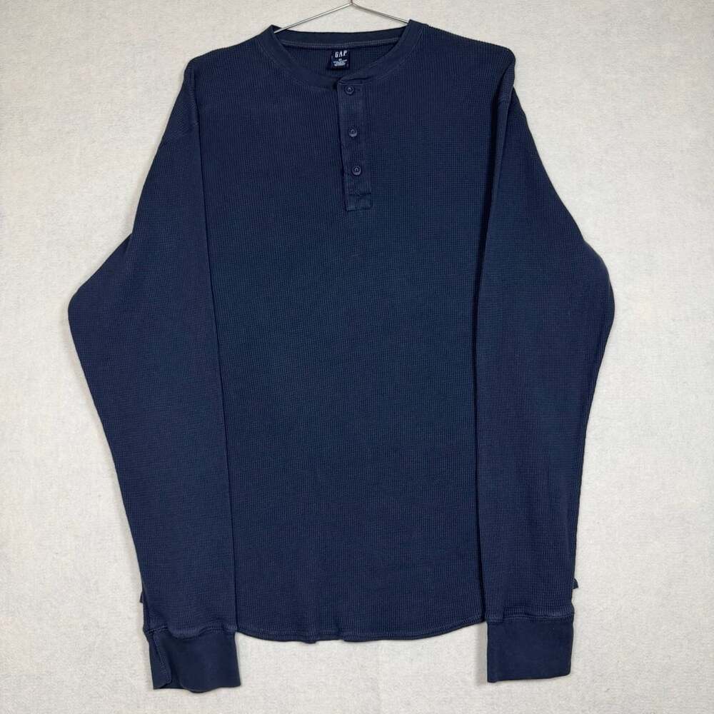 Y2K Gap Shirt Mens XL Waffle Knit Henley Blue Navy Long Sleeve Thermal Cotton